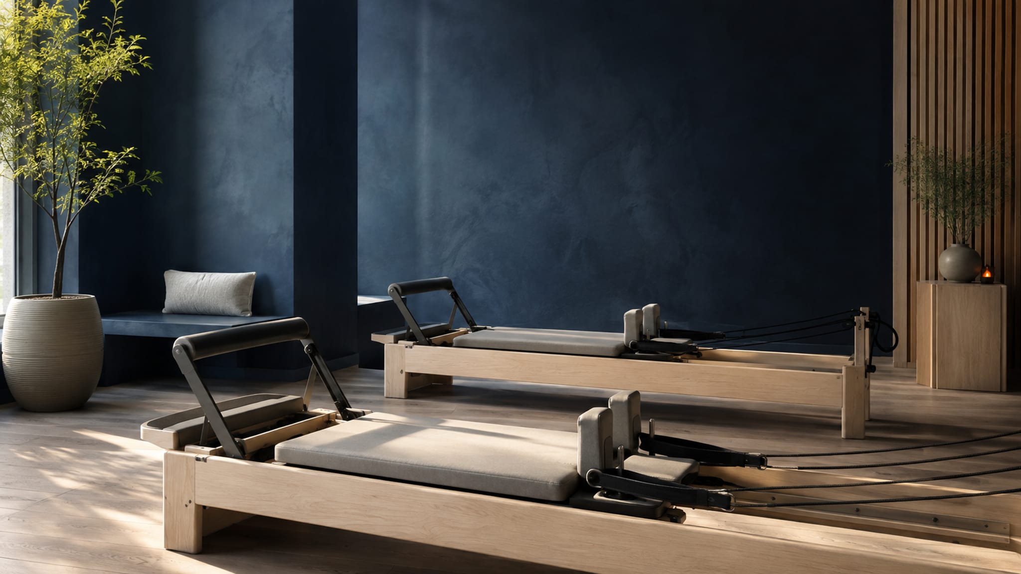 Synthetic Pilates studio paired with an illustrative class capacity, credit and waitlist workflow.