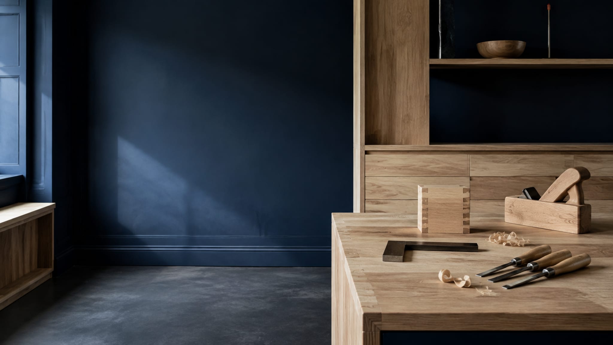 Synthetic joinery workspace paired with an illustrative booking and diary workflow.
